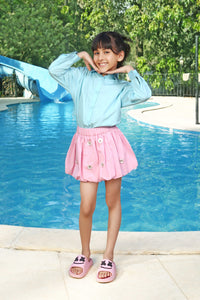 Blue Full Sleeve Shirt & Pink Flower Embellished Skirt Cotton Co-ord Set
