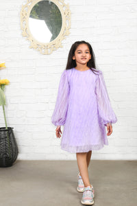 Purple Puffed Sleeves Feather Embellished Soft Net Party Dress