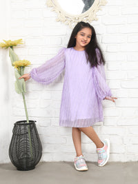Purple Puffed Sleeves Feather Embellished Soft Net Party Dress