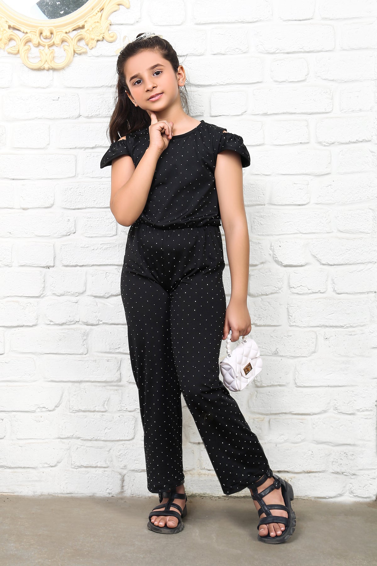 Black Off Shoulder Sleeve Embellished Smooth Cotton Jumpsuit