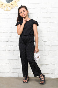 Black Off Shoulder Sleeve Embellished Smooth Cotton Jumpsuit