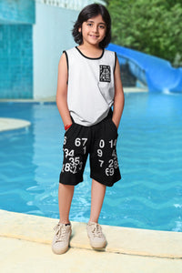 White & Black Sleeveless Number Print Soft Cotton T-shirt & Short Co-ord Set