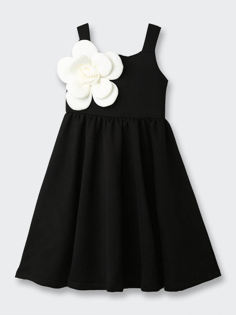 BLACK ELEGANT BLACK DRESS WITH BIG WHITE FLOWER