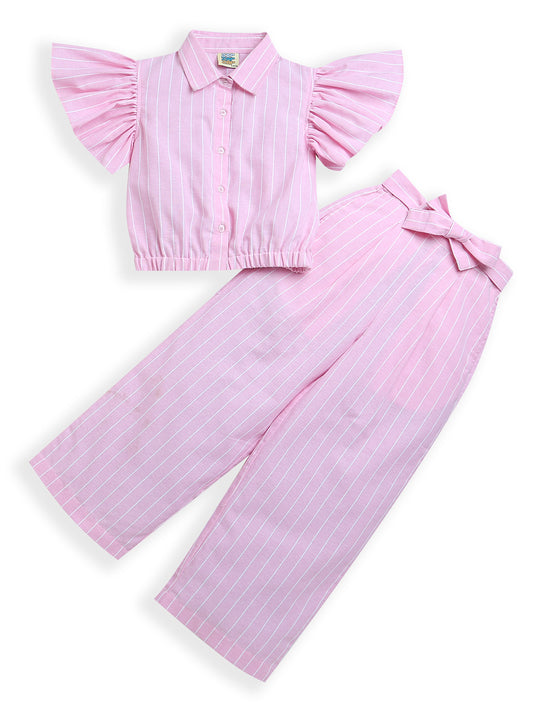 Girls Pink Frill Sleeve Striped Knot Top and Matching Pants Co-ord Set