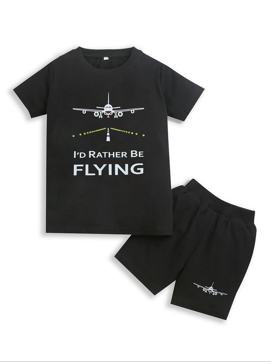 Boys Pure Cotton Black Flying Plane Print Co-Ord Set