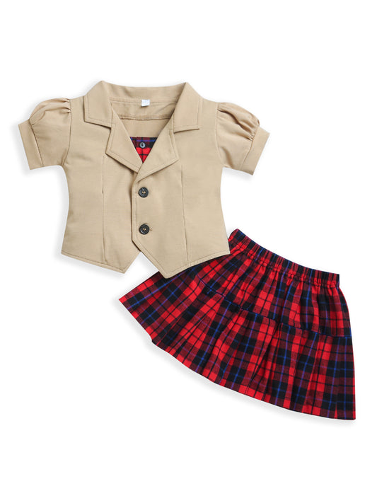 Beige Half Sleeve Collar neck top & Red Black Check pattern Skirt Baby Girl Matching Set