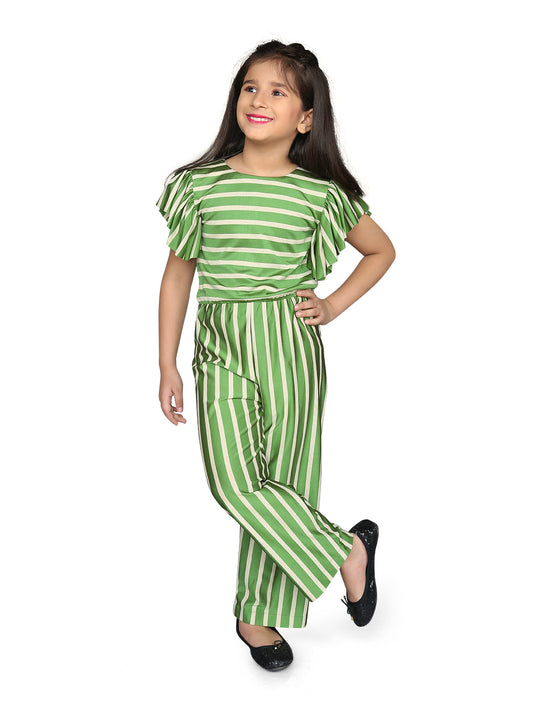 Green White Stripes Frill Short Sleeve Girls Jumpsuit