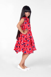 GIRLS RED DRESS WITH BLUE HEART ALL OVER PRINT