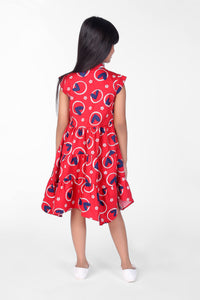 GIRLS RED DRESS WITH BLUE HEART ALL OVER PRINT