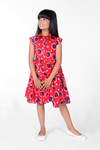 GIRLS RED DRESS WITH BLUE HEART ALL OVER PRINT