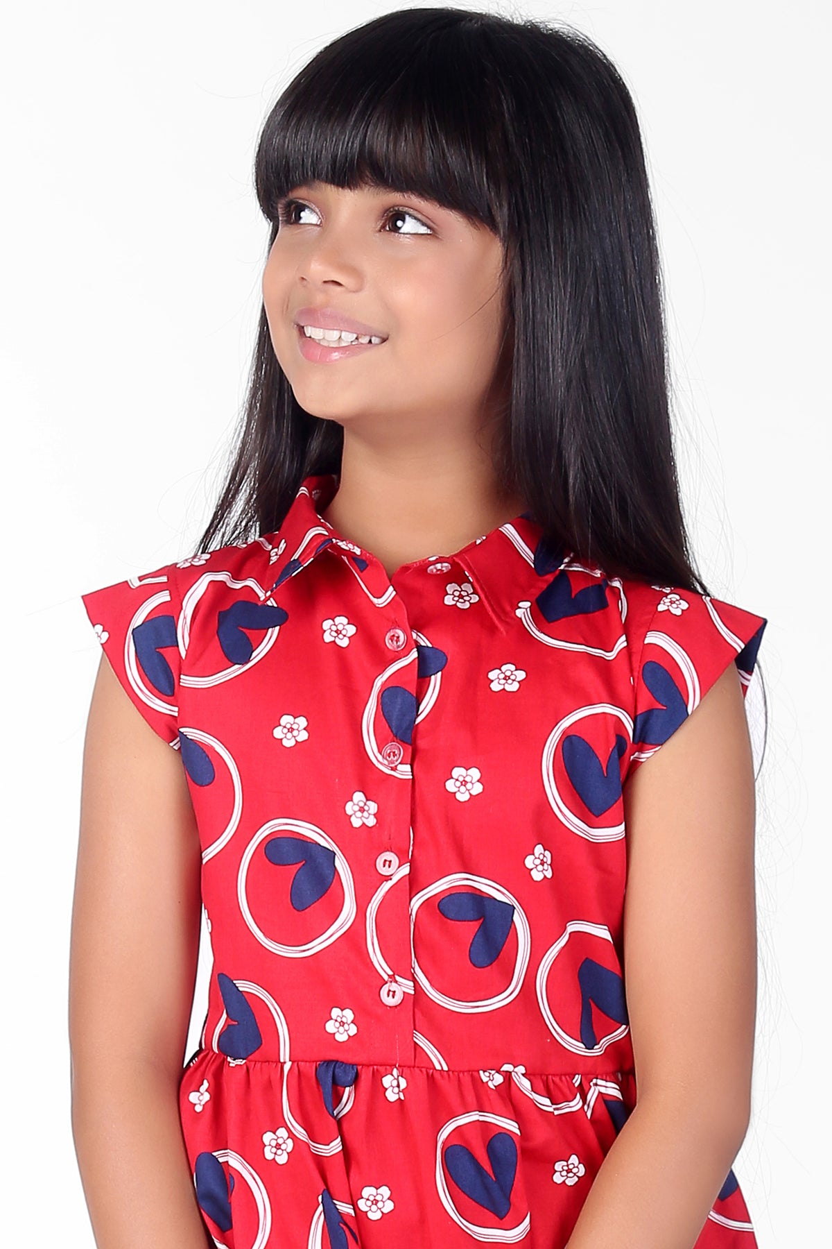 GIRLS RED DRESS WITH BLUE HEART ALL OVER PRINT
