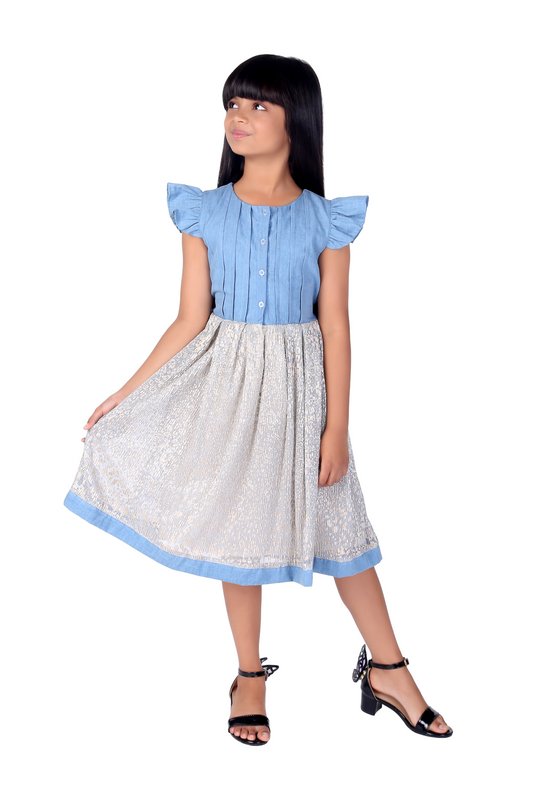 Blue and White Pleated Girls Dress With Frill Sleeves
