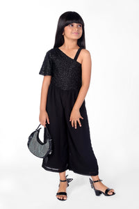 Black Self Designed Short one Sided Sleeve Jumpsuit