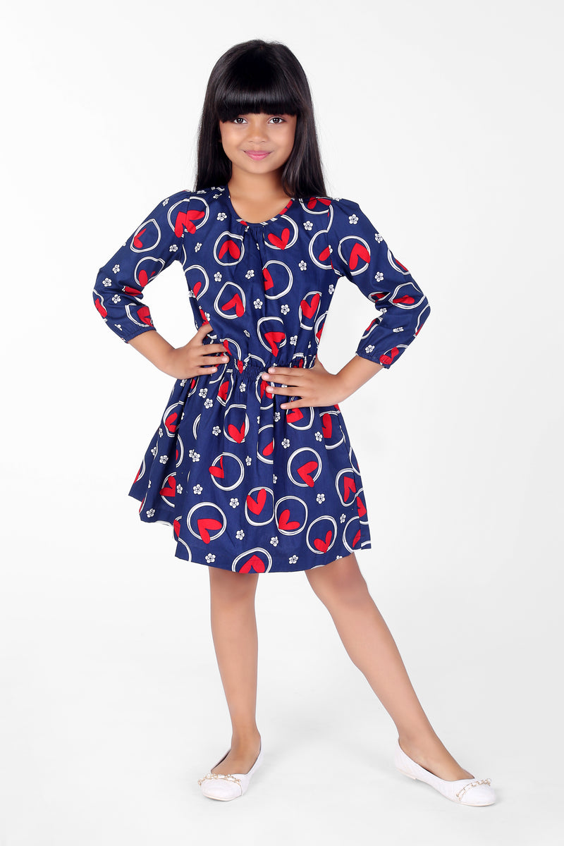Blue Cotton With Red Heart Print Dress - Main Image