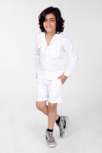White Full Sleeve Hoodie & Shorts Boys Co-ord Set