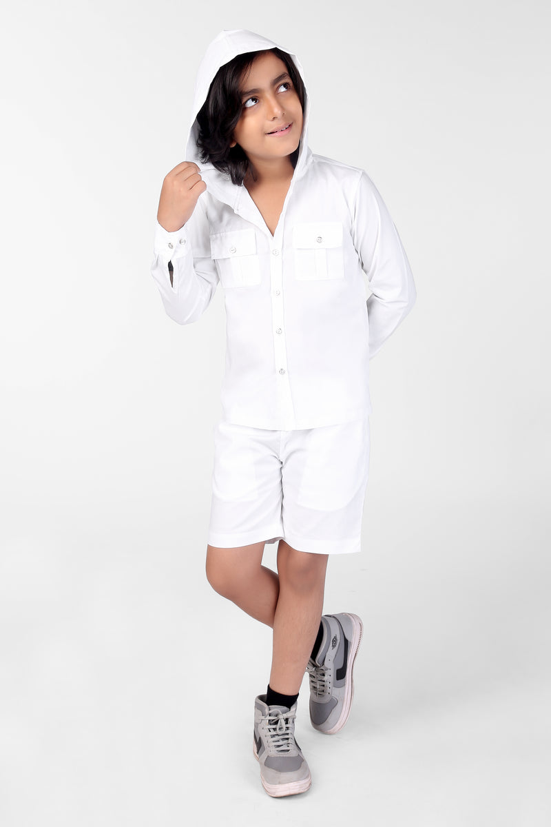 White Full Sleeve Hoodie & Shorts Boys Co-ord Set