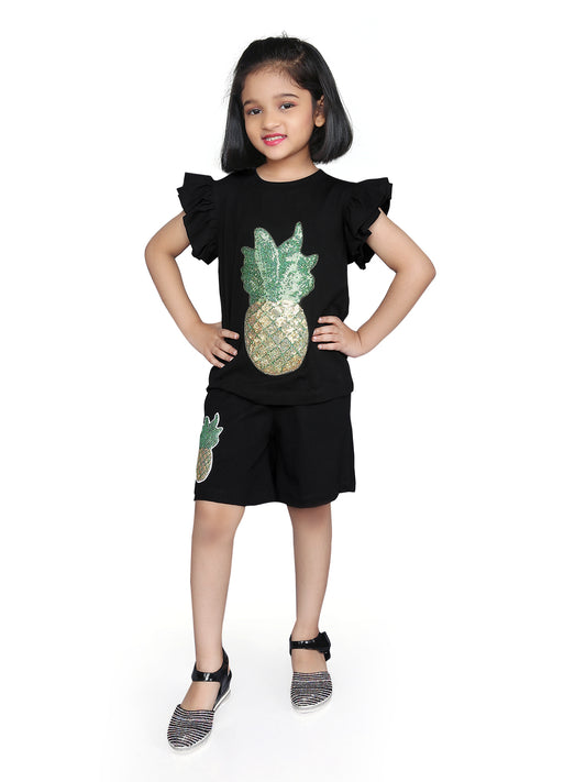Girls Black Half Sleeve Pineapple Design T-Shirt and Short Co-ord Set