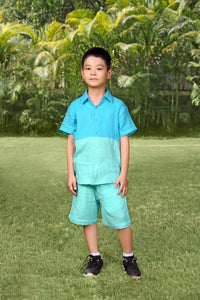 Blue & Green Half Sleeve Color Block Pure Cotton Shirt & Short Co-ord Set