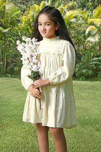 Light Beige Puffed Sleeves Frill Neck Solid Flared Pure Cotton Dress