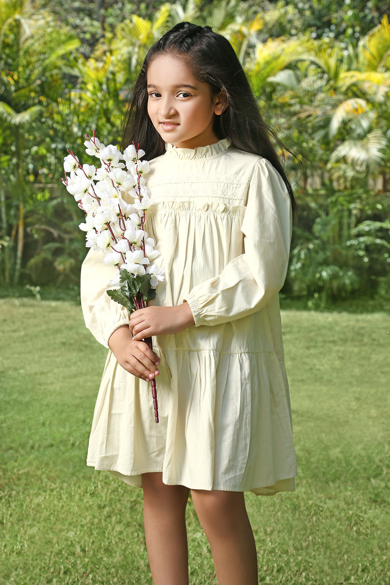 Light Beige Puffed Sleeves Frill Neck Solid Flared Pure Cotton Dress