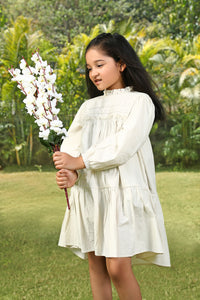 Light Beige Puffed Sleeves Frill Neck Solid Flared Pure Cotton Dress