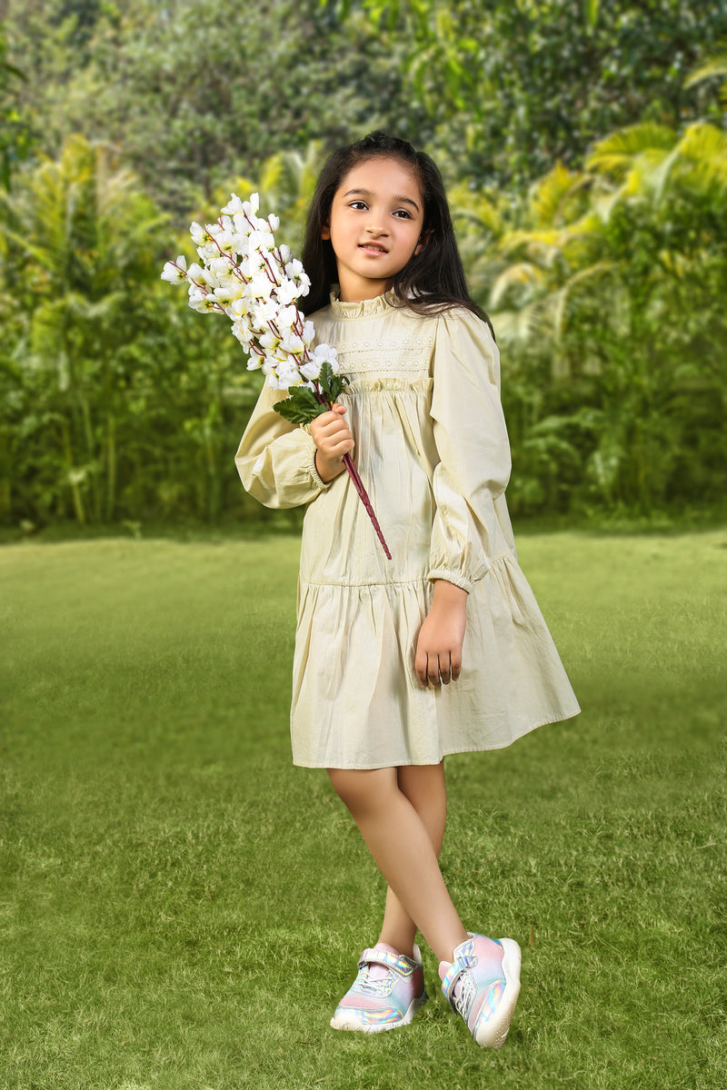 Light Beige Puffed Sleeves Frill Neck Solid Flared Pure Cotton Dress