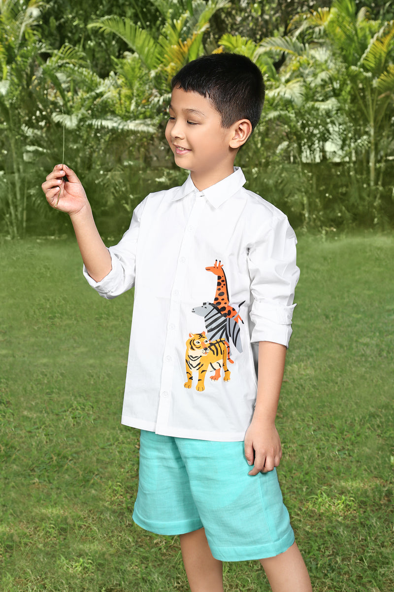 White 3 Animal Printed Full Sleeve Pure Cotton Shirt