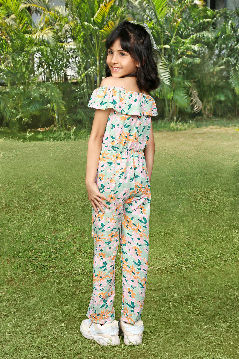 Light Green Off Shoulder Flower Printed Soft Cotton Jumpsuit