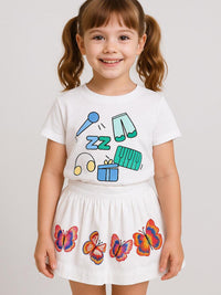 Girls White Half Sleeve Zip Zap Zoop Logo Print T-Shirt & Butterfly Printed Skirt Co-ord Set