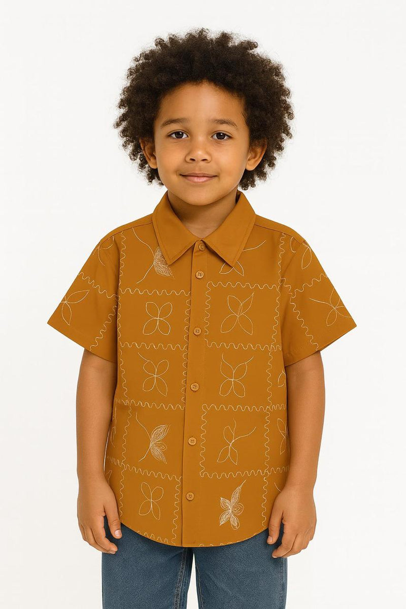 Mustard Yellow All Over Embroidery Collar Neck Half Sleeve Boys Shirt