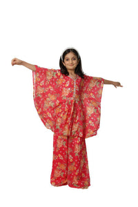 Girls Red Cotton Floral Kaftan & Palazzo Set