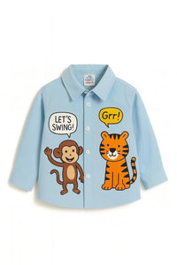 Light Blue Monkey and Tiger Print Full Sleeve Collar Neck Boys Cotton Shirt