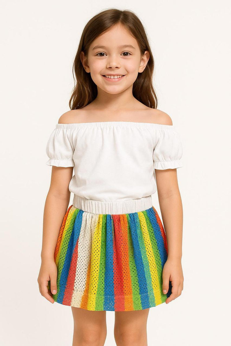 Girls White Off Shoulder Shirt with Multi Colour Stripes Skirt Co-ord Set