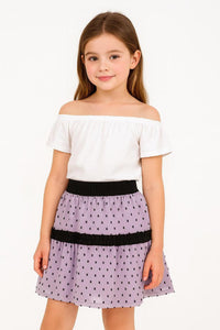 Girls White Off Shoulder Top And Purple Embroidery Skirt Co-Ord Set