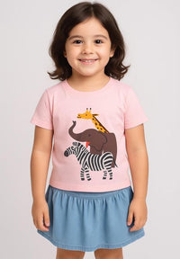 Girls Pink Half Sleeve Three Animal Print T-Shirt & Denim Soft Cotton Skirt Co-ord Set