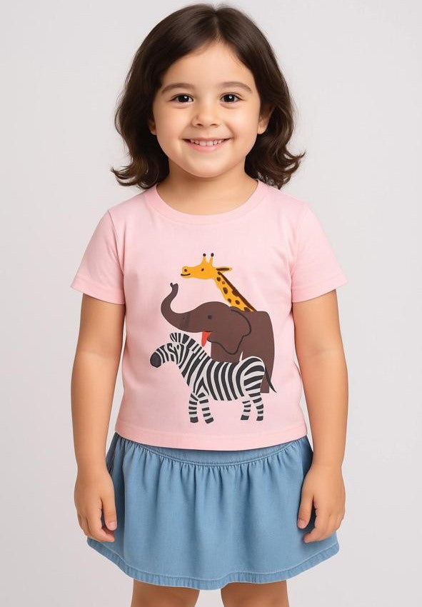 Girls Pink Half Sleeve Three Animal Print T-Shirt & Denim Soft Cotton Skirt Co-ord Set