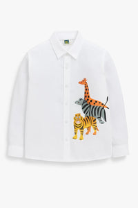 Boys White Shirt Three Animal Print Full Sleeve Collar Neck Shirt
