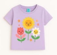 Girls Purple Round Neck Flower Printed Pure Cotton T-Shirt