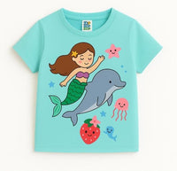 Girls Blue Round Neck Mermaid Dolphin Printed Pure Cotton T-Shirt