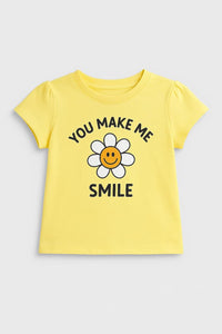Girls Yellow Round Neck Smile Print Pure Cotton T-Shirt
