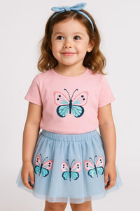 Girls Pink Half Sleeve Butterfly Patch T-Shirt and Blue Skirt Co-ord Set