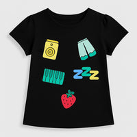 Girls Black Round Neck Logo Print Strawberry Pure Cotton T-Shirt