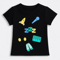 Girls Black Round Neck Logo Print Pure Cotton T-Shirt