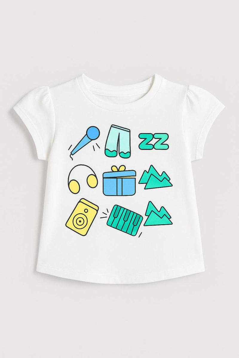 Girls White Round Neck Logo Print Pure Cotton T-Shirt
