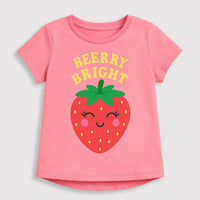 Girls Pink Strawberry Print Round Neck Pure Cotton T-Shirt