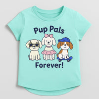 Girls Teal Round Neck Pup Pals Print Pure Cotton T-Shirt