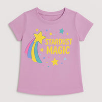 Girls Purple Round Neck Stardust Magic Print Pure Cotton T-Shirt