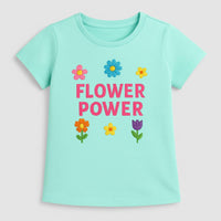 Girls Teal Round Neck Flower Power Print Pure Cotton T-Shirt