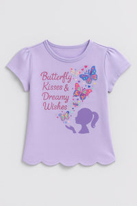 Girls Purple Round Neck Butterfly Print Pure Cotton T-Shirt