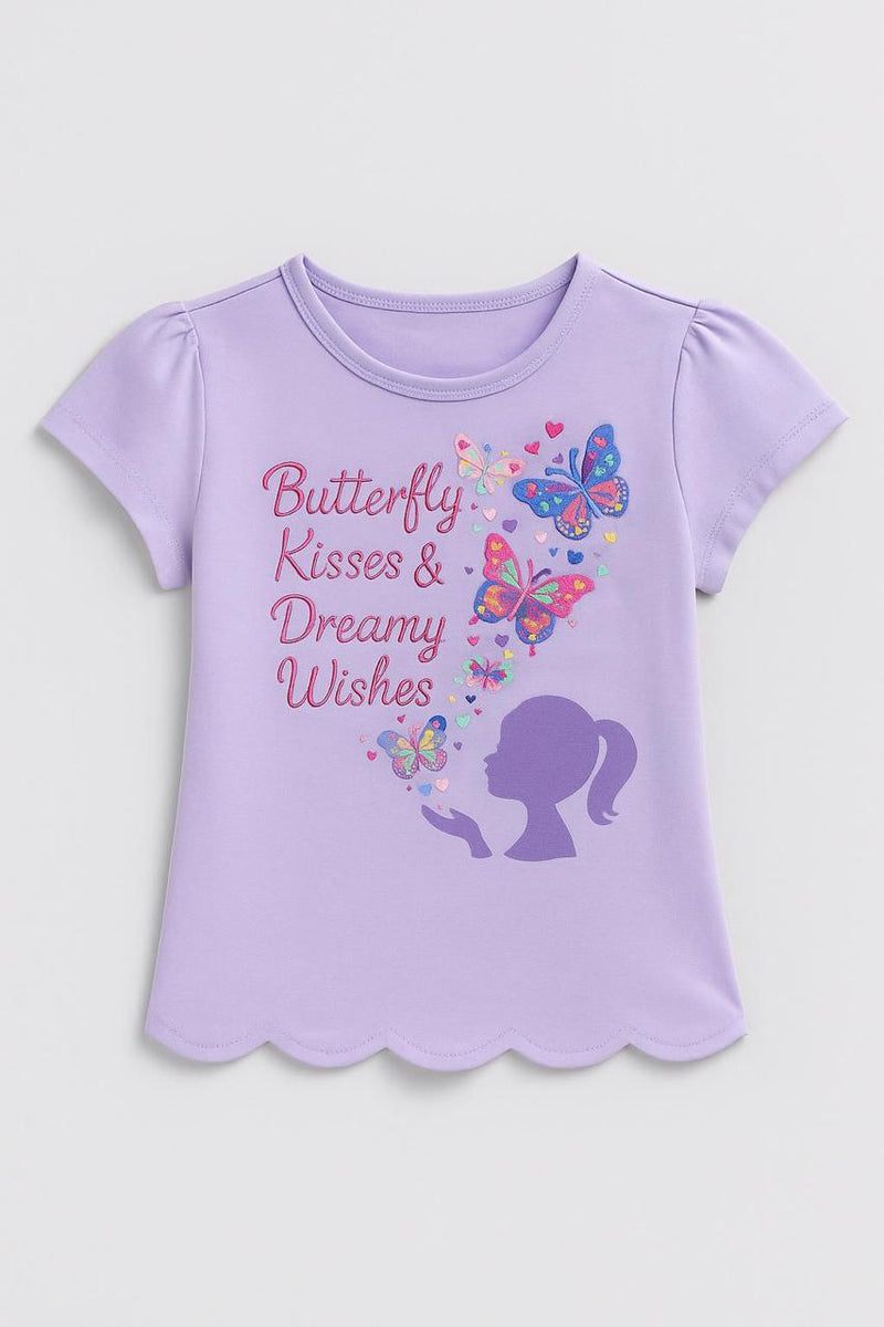 Girls Purple Round Neck Butterfly Print Pure Cotton T-Shirt